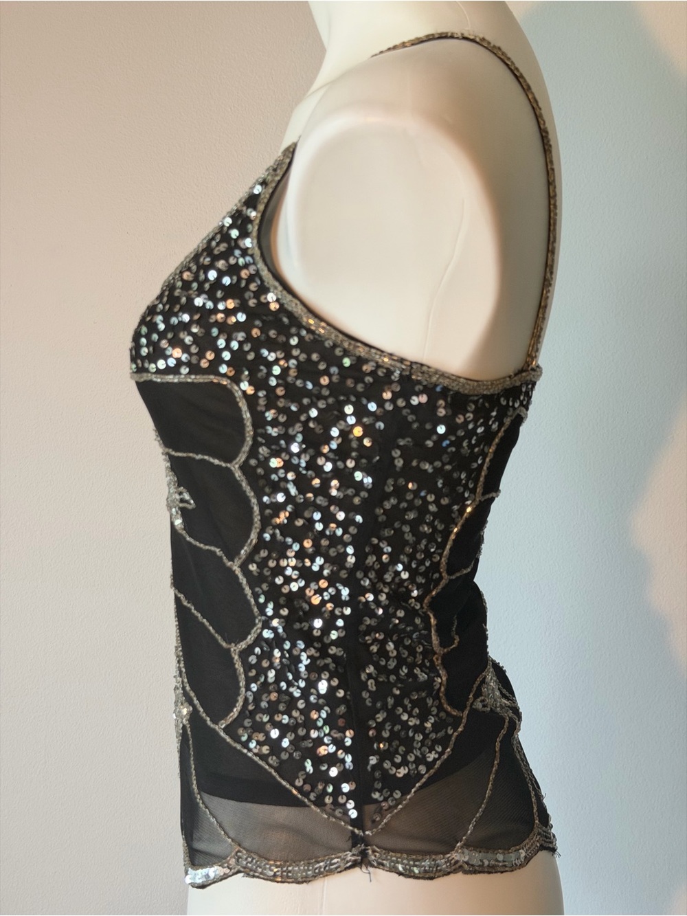 Y2K Black Sequin & Silver Embellished Butterfly & Floral Camisole - Picture 5 of 8